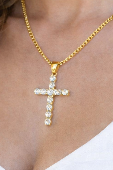 WOMEN'S HE IS RISEN 18K CUBIC ZIRCONIA CROSS NECKLACE