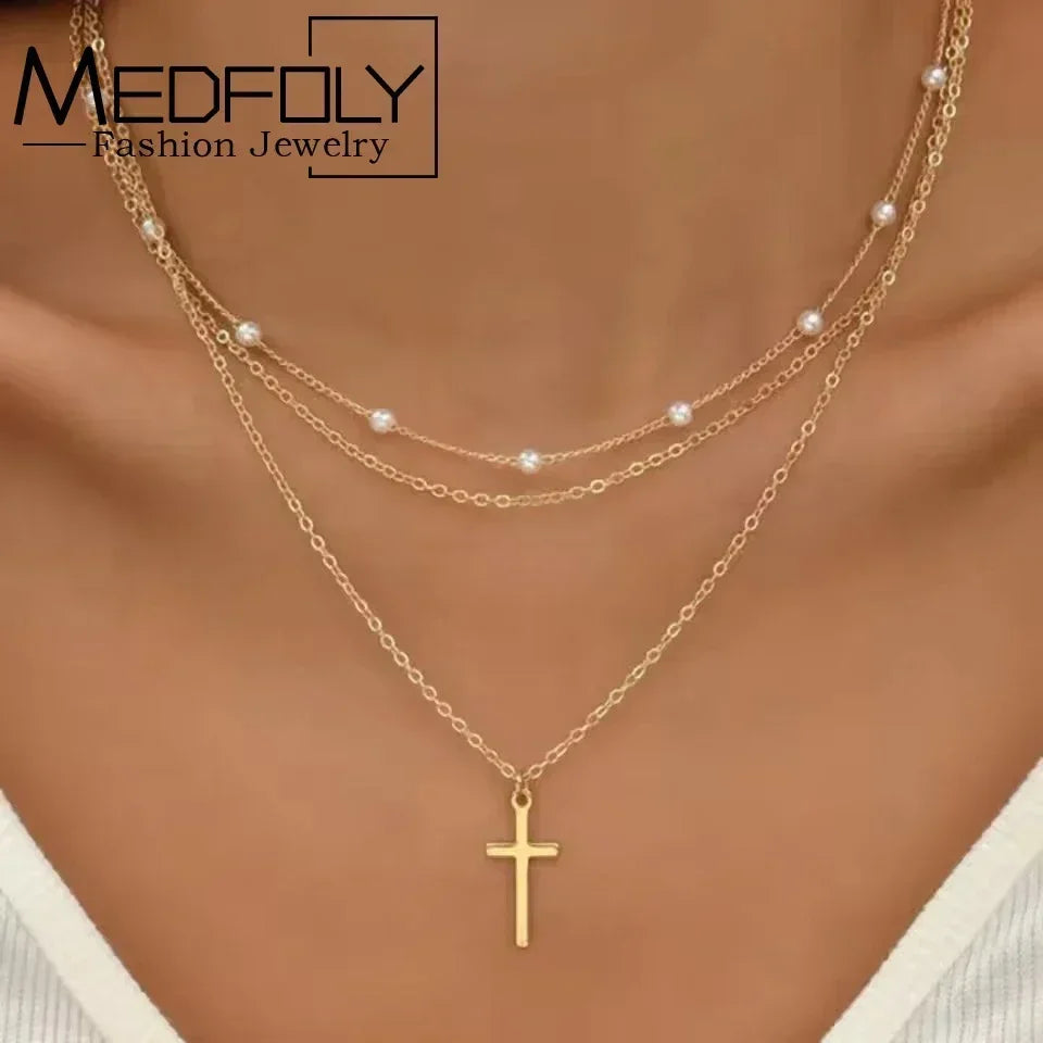 Three-Piece Gold Star, Pearl and Cross Necklace Set