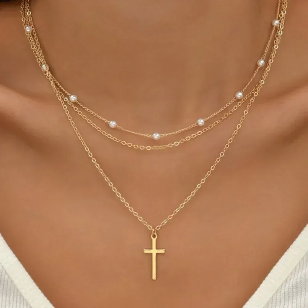 Three-Piece Gold Star, Pearl and Cross Necklace Set
