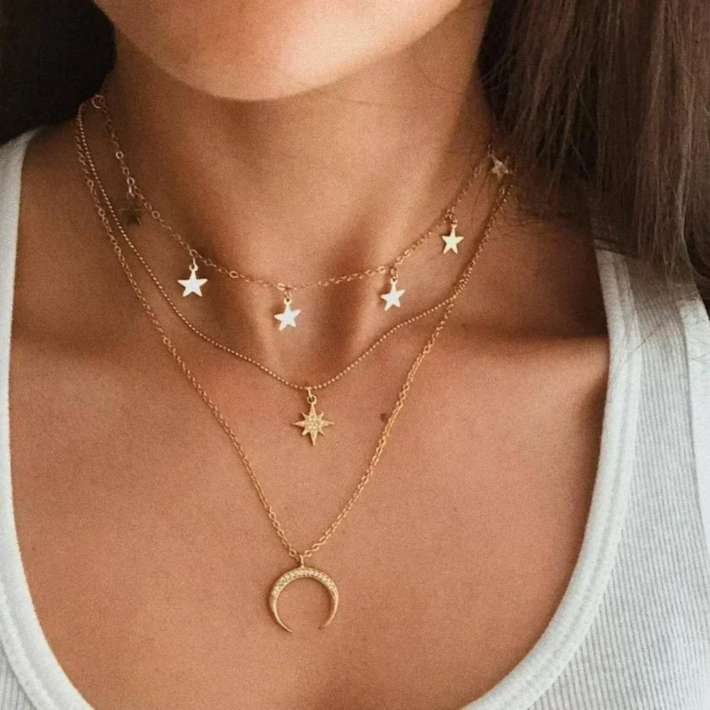 Three-Piece Gold Star, Pearl and Cross Necklace Set