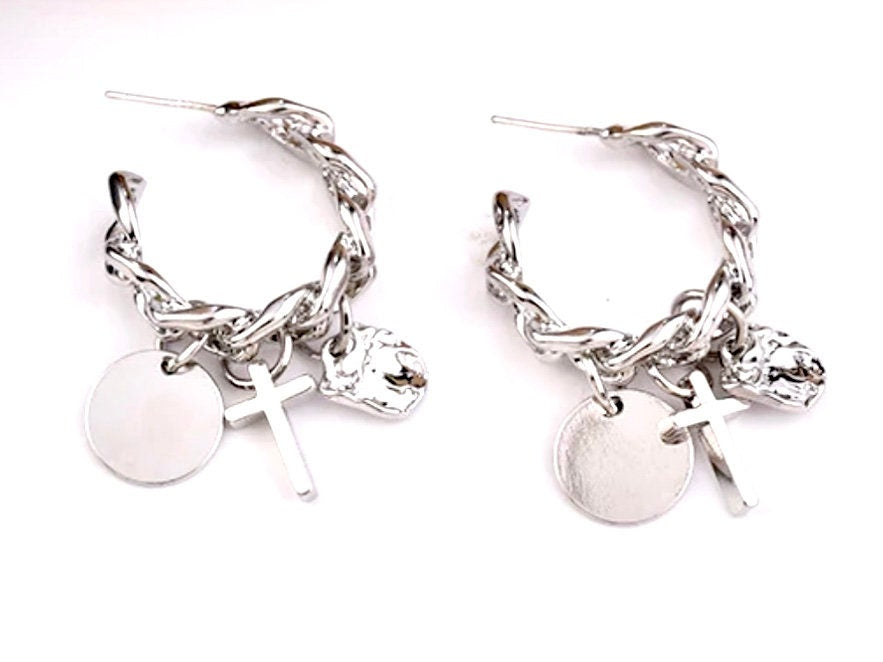 Silver Cross Hoop Earrings