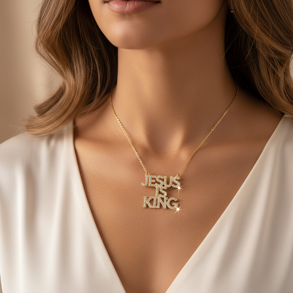Jesus is King gold pendant necklace with cubic zirconia worn as a lifestyle photo