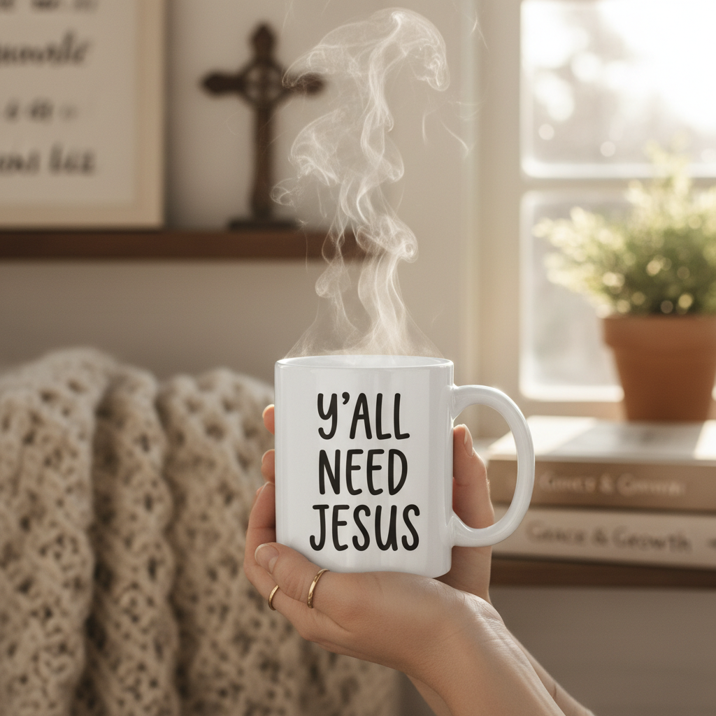 Y'all Need Jesus 15oz white ceramic coffee mug lifestyle photo