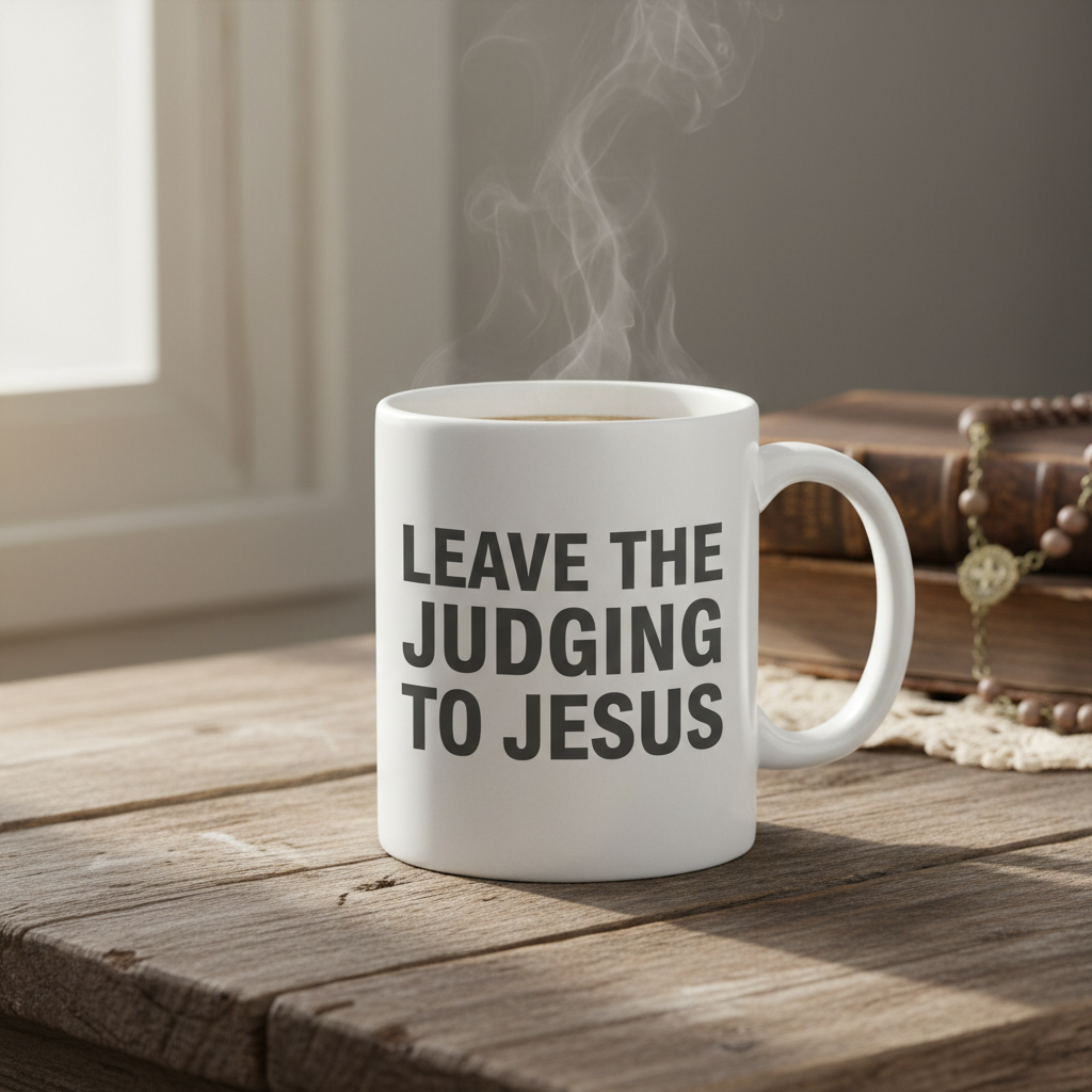 Leave the Judging to Jesus - 15 oz white ceramic Christian coffee mug