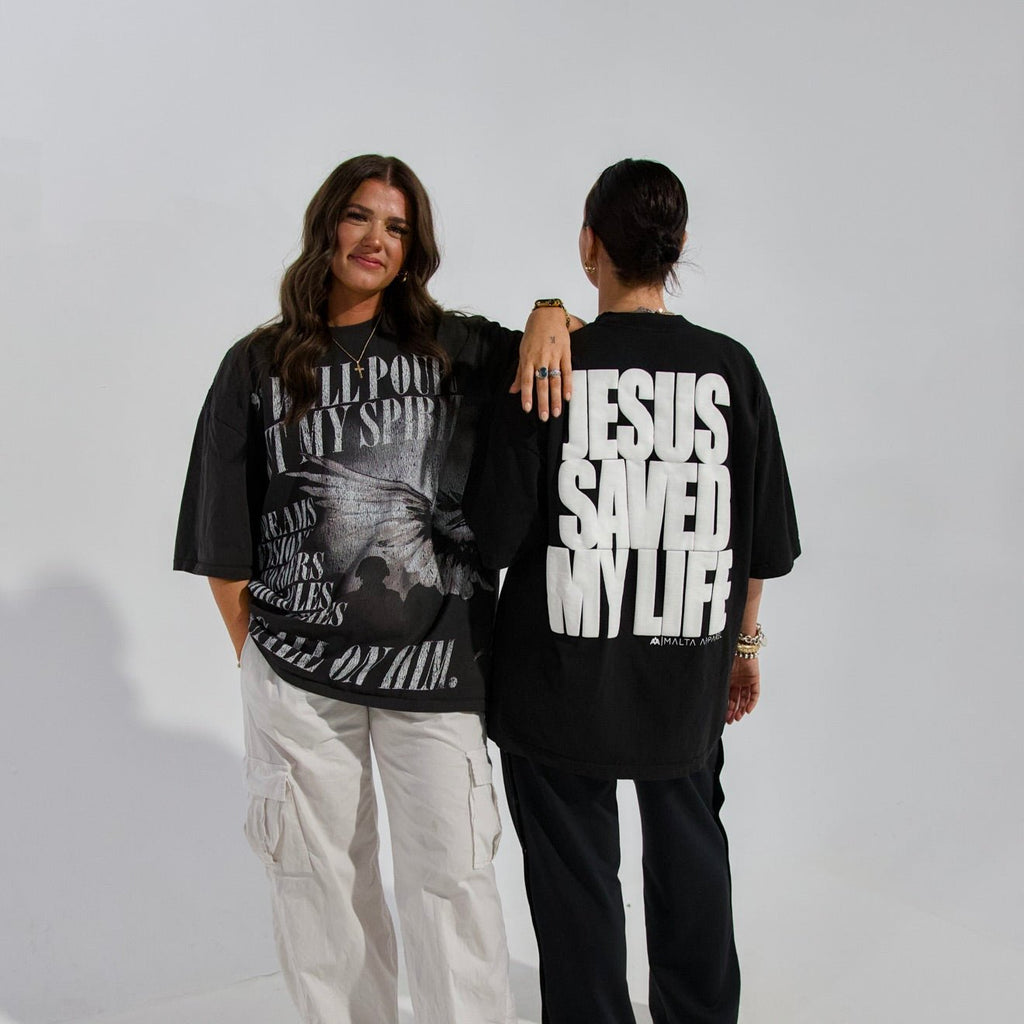 Jesus Saved My Life Puff-Print Shirt – Black