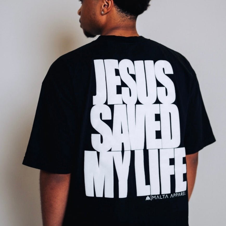 Jesus Saved My Life Puff-Print Shirt – Black