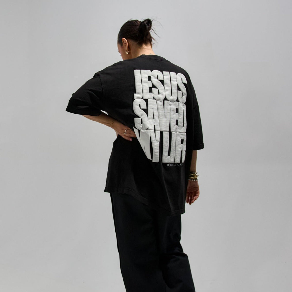 Jesus Saved My Life Puff-Print Shirt – Black